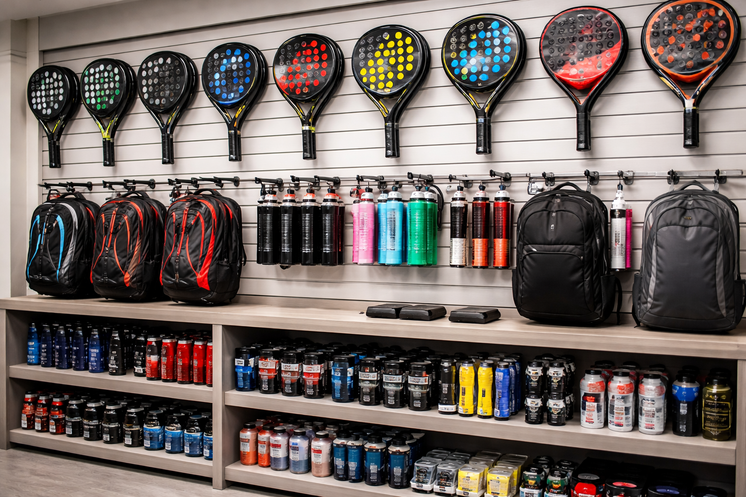 Layout otimizado de loja de padel com exposição de raquetes e roupas esportivas